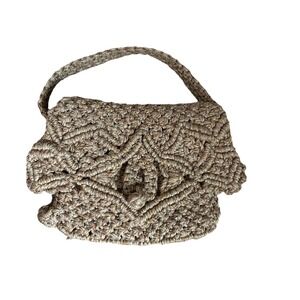 Vintage Woven Tan Woven Rope Fold Over Jute Boho Handbag Shoulder Bag Purse